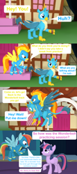 Size: 1920x4320 | Tagged: safe, artist:red4567, derpibooru import, gallus, rainbow dash, spitfire, twilight sparkle, twilight sparkle (alicorn), alicorn, pegasus, pony, 3d, can, clothes, comic, mistaken identity, rainbow dumb, source filmmaker, uniform, wonderbolts, wonderbolts uniform