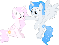 Size: 8015x6066 | Tagged: safe, artist:geometrymathalgebra, princess celestia, oc, oc:white flare, alicorn, pony, absurd resolution, alicorn oc, blushing, boop, cewestia, cute, female, filly, flying, grin, nose wrinkle, scrunchy face, simple background, sitting, smiling, spread wings, transparent background, vector, wide eyes, younger