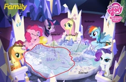 Size: 800x518 | Tagged: safe, derpibooru import, screencap, applejack, fluttershy, pinkie pie, rainbow dash, rarity, twilight sparkle, twilight sparkle (alicorn), alicorn, earth pony, pegasus, pony, unicorn, the cutie map, comic sans, crystal empire, cutie map, discovery family, discovery family logo, equestria, female, griffon kingdom, logo, map, mare, my little pony logo