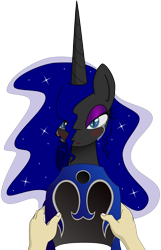 Size: 6443x10000 | Tagged: safe, artist:salemcat, artist:zev, nightmare moon, alicorn, human, pony, :o, absurd resolution, bedroom eyes, blushing, comforting, crying, eyeshadow, female, helmet, lidded eyes, looking at you, makeup, mare, open mouth, pov, simple background, solo focus, transparent background, vector