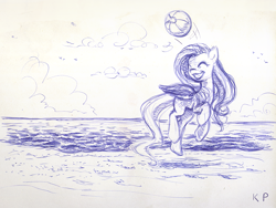 Size: 1200x900 | Tagged: safe, artist:kp-shadowsquirrel, fluttershy, pegasus, pony, ball, ballpoint pen, beach, monochrome, playing, solo, traditional art