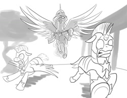 Size: 1122x867 | Tagged: safe, artist:mistermech, princess celestia, alicorn, pony, grin, guards, gun, hat, monochrome, monocle, royal guard, running, screaming, the most dangerous game