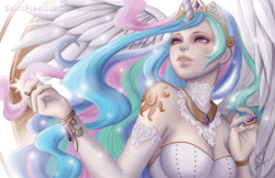 Size: 1024x663 | Tagged: safe, artist:saintprecious, princess celestia, human, clothes, horned humanization, humanized, jewelry, lace, solo, winged humanization