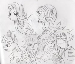 Size: 1280x1093 | Tagged: safe, artist:1racat, starlight glimmer, twilight sparkle, pony, unicorn, caesar clown, crossover, cyrillic, eyebrows, monochrome, one piece, russian, sketch, traditional art