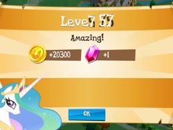 Size: 1024x768 | Tagged: safe, screencap, princess celestia, alicorn, pony, amazing, canterlot, gameloft, gem, glitch, scroll, wat