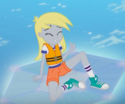 Size: 464x386 | Tagged: safe, screencap, derpy hooves, equestria girls, legend of everfree, clothes, converse, cropped, lifejacket, shoes, sneakers, solo, water