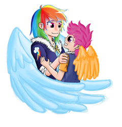 Size: 1200x1250 | Tagged: safe, artist:mornincloud, derpibooru import, rainbow dash, scootaloo, human, cute, hug, humanized, winged humanization