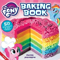 Size: 1400x1400 | Tagged: safe, derpibooru import, pinkie pie, rainbow dash, earth pony, pegasus, pony, book cover, cake, chef's hat, cookbook, cover, food, hat, my little pony baking book, official