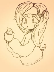 Size: 1440x1920 | Tagged: safe, artist:zaininn, fluttershy, bird, equestria girls, clothes, monochrome, pixiv, solo, sweatershy, traditional art