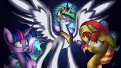 Size: 4096x2304 | Tagged: safe, artist:nightpaint12, princess celestia, sunset shimmer, twilight sparkle, twilight sparkle (alicorn), alicorn, pony, unicorn, better together, equestria girls, forgotten friendship, angry, crown, female, floppy ears, jewelry, mare, regalia, scared, worried