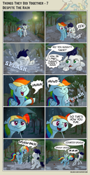 Size: 3599x6955 | Tagged: safe, artist:helmie-art, derpibooru import, rainbow dash, soarin', pegasus, pony, comic:things they did together, bench, comic, dialogue, female, floppy ears, male, mare, rain, shipping, soarindash, speech bubble, splashing, stallion, straight, streetlight, tree, umbrella, water