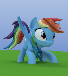 Size: 409x453 | Tagged: dead source, safe, artist:3d thread, derpibooru import, rainbow dash, pegasus, pony, /mlp/, 3d, 3d model, blender, crouching, female, grass, grass field, grin, mare, solo, spread wings, wings