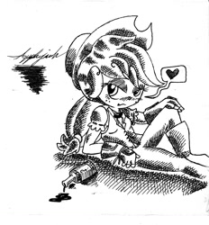 Size: 1268x1364 | Tagged: safe, artist:dereklestrange, applejack, human, cider, humanized, monochrome, traditional art