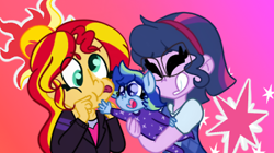 Size: 358x201 | Tagged: safe, artist:bubaiuv, sci-twi, sunset shimmer, twilight sparkle, oc, oc:sparkling sapphire, series:sciset diary, equestria girls, cute, cutie mark, eyes closed, family, female, happy, laughing, lesbian, magical lesbian spawn, ocbetes, offspring, parent:sci-twi, parent:sunset shimmer, parents:scitwishimmer, ponied up, scitwishimmer, shimmerbetes, shipping, silly, silly face, sunsetsparkle, twiabetes