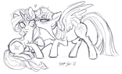 Size: 1100x668 | Tagged: safe, alternate version, artist:serge-stiles, sunset shimmer, twilight sparkle, twilight sparkle (alicorn), alicorn, pony, unicorn, cute, doodle, female, grayscale, heart, kiss on the cheek, kissing, lesbian, mare, monochrome, shimmerbetes, shipping, sketch, sunsetsparkle, twiabetes