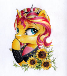 Size: 1024x1152 | Tagged: safe, artist:lailyren, artist:moonlight-ki, sunset shimmer, pony, unicorn, alternate hairstyle, bust, clothes, equestria girls outfit, female, flower, headband, horn, mare, portrait, simple background, solo, sunflower, traditional art