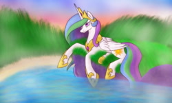 Size: 800x480 | Tagged: safe, artist:spyrica, princess celestia, alicorn, pony, grass, prone, solo, water