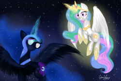 Size: 1500x1000 | Tagged: safe, artist:gloriajoy, nightmare moon, princess celestia, alicorn, pony, confrontation, flying, gritted teeth, magic, spread wings