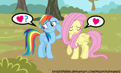 Size: 1127x677 | Tagged: safe, artist:khaotixdreamfd, derpibooru import, fluttershy, rainbow dash, pegasus, pony, female, floppy ears, flutterdash, heart, lesbian, pictogram, shipping