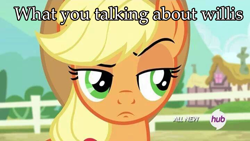 Size: 720x405 | Tagged: safe, screencap, applejack, earth pony, pony, three's a crowd, different strokes, hub logo, palindrome get, reaction image, solo, unconvinced applejack