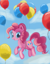 Size: 700x900 | Tagged: safe, artist:warfost, pinkie pie, earth pony, pony, balloon, gift art, solo, then watch her balloons lift her up to the sky