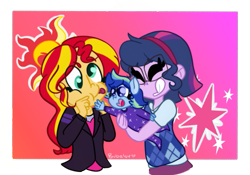 Size: 679x475 | Tagged: safe, alternate version, artist:bubaiuv, sci-twi, sunset shimmer, twilight sparkle, oc, oc:sparkling sapphire, series:sciset diary, equestria girls, cute, cutie mark, eyes closed, family, female, happy, laughing, lesbian, magical lesbian spawn, ocbetes, offspring, parent:sci-twi, parent:sunset shimmer, parents:scitwishimmer, ponied up, scitwishimmer, shimmerbetes, shipping, silly, silly face, sunsetsparkle, twiabetes