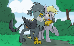 Size: 3235x2000 | Tagged: safe, artist:corsairsedge, derpy hooves, gabby, griffon, pegasus, pony, cute, derpabetes, female, friendshipping, gabbybetes, grin, hug, mail, mailmare, mare, raised hoof, saddle bag, smiling, tongue out