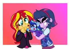 Size: 682x472 | Tagged: safe, alternate version, artist:bubaiuv, sci-twi, sunset shimmer, twilight sparkle, oc, oc:sparkling sapphire, series:sciset diary, equestria girls, cute, eyes closed, family, female, happy, laughing, lesbian, magical lesbian spawn, ocbetes, offspring, parent:sci-twi, parent:sunset shimmer, parents:scitwishimmer, ponied up, scitwishimmer, shimmerbetes, shipping, silly, silly face, sunsetsparkle, twiabetes