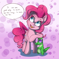 Size: 5000x5000 | Tagged: safe, artist:vicse, gummy, pinkie pie, earth pony, pony, absurd resolution, dialogue, eyelashes, pet, speech bubble