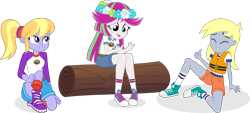 Size: 2514x1139 | Tagged: safe, artist:punzil504, blossomforth, cloudy kicks, derpy hooves, equestria girls, legend of everfree, clothes, converse, equestria girls-ified, eyes closed, freckles, lifejacket, log, open mouth, shoes, shorts, sitting, sneakers, socks, thumbs up