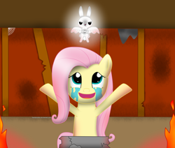 Size: 3800x3227 | Tagged: safe, artist:facelesssoles, angel bunny, fluttershy, pegasus, pony, crying, fire, item get, the binding of isaac