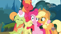 Size: 620x348 | Tagged: safe, screencap, apple bloom, applejack, big macintosh, granny smith, pinkie pie, earth pony, pony, pinkie apple pie, hug, male, stallion