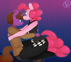 Size: 2587x2268 | Tagged: safe, artist:somescrub, pinkie pie, oc, oc:sage archer, anthro, earth pony, unicorn, :>, anthro oc, canon x oc, clothes, cosplay, couple, doctor who, gradient background, looking at each other, ponysona, river song, shipping, smiling, timelordsage