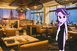 Size: 2400x1597 | Tagged: safe, artist:cinderfall, edit, starlight glimmer, equestria girls, black dress, clothes, dress, fancy, looking at you, realistic, restaurant, solo