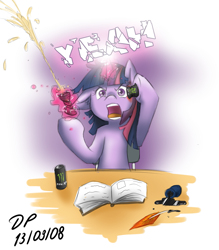 Size: 985x1126 | Tagged: safe, artist:datponypl, derpibooru import, twilight sparkle, unicorn twilight, pony, unicorn, book, can smashing, energy drink, ink, monster energy, quill, rage, solo, spilled ink, yeah