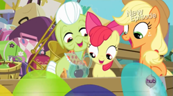 Size: 853x478 | Tagged: safe, screencap, apple bloom, applejack, granny smith, earth pony, pony, pinkie apple pie