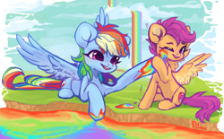 Size: 2100x1301 | Tagged: safe, artist:graypillow, derpibooru import, rainbow dash, scootaloo, pegasus, pony, cute, female, filly, liquid rainbow, mare, rainbow waterfall, scenery, scootalove