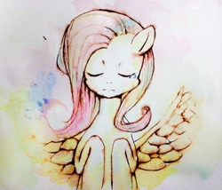 Size: 2047x1754 | Tagged: safe, artist:laurant, fluttershy, pegasus, pony, crying, eyes closed, pixiv, solo, spread wings, traditional art, watercolor painting