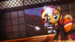 Size: 1920x1080 | Tagged: safe, artist:star-lightstarbright, sunset shimmer, pony, 3d, equestria girls outfit, katana, magic, solo, sword, weapon