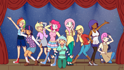 Size: 1820x1024 | Tagged: safe, artist:platinum-starz, derpibooru import, applejack, bon bon, derpy hooves, fluttershy, lyra heartstrings, pinkie pie, rainbow dash, rarity, sweetie drops, twilight sparkle, human, alternate hairstyle, apron, boots, chocolarity, clothes, converse, crossover, dark skin, denim skirt, dress, female, flats, hoodie, humanized, jeans, love live! school idol project, open mouth, pants, pantyhose, school idol, shoes, shorts, skirt, sneakers, socks, stage, start:dash, sweater, sweater vest, sweatershy, thigh highs