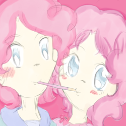 Size: 1024x1024 | Tagged: safe, artist:megaimpact, bubble berry, pinkie pie, human, blushing, bubblepie, candy, female, humanized, male, pocky, rule 63, self ponidox, selfcest, shipping, straight