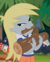 Size: 363x443 | Tagged: safe, screencap, derpy hooves, equestria girls, legend of everfree, derpy doing derpy things, great moments in animation, hammer, lantern, lidded eyes, log, majestic as fuck, silly human