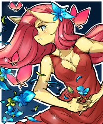 Size: 1000x1200 | Tagged: safe, artist:m@k, fluttershy, anthro, cleavage, clothes, dress, female, flower, flower in hair, fluttergio, giorno giovanna, jojo pose, jojo's bizarre adventure, pixiv, pose, solo, vento aureo