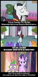 Size: 1000x2024 | Tagged: safe, edit, edited screencap, screencap, chancellor neighsay, spike, starlight glimmer, dragon, pony, unicorn, a matter of principals, school raze, spoiler:s08e25, angry, background pony, banner, comic, eyes closed, forgiveness, friendship, frown, plant, potted plant, sad, school of friendship, screencap comic, shocked, smiling, smirk, student, text
