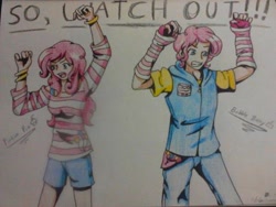 Size: 480x360 | Tagged: safe, artist:ookamiwarrior1234, bubble berry, pinkie pie, human, bubblepie, clothes, evil enchantress, female, humanized, male, rule 63, scare, self ponidox, selfcest, shipping, straight, traditional art