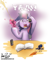 Size: 889x1057 | Tagged: safe, artist:datponypl, derpibooru import, twilight sparkle, unicorn twilight, pony, unicorn, book, can smashing, energy drink, ink, monster energy, quill, rage, solo, spilled ink, yeah