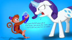 Size: 1024x579 | Tagged: safe, artist:megaanimationfan, rarity, monkey, pony, unicorn, abu, aladdin, crossover, damn dirty apes, dialogue, disney, disney style, fight, gem, magic, rage, signature, you damn dirty ape