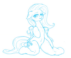 Size: 1500x1217 | Tagged: safe, artist:mrs1989, fluttershy, pegasus, pony, semi-anthro, belly button, floppy ears, looking at you, monochrome, simple background, sitting, sketch, solo, tongue out