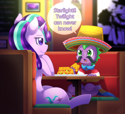 Size: 1500x1371 | Tagged: safe, artist:vavacung, cheese sandwich, spike, starlight glimmer, dragon, pony, unicorn, baby, baby dragon, betrayal, chair, clothes, cute, cutie mark, dialogue, disguise, duo, facial hair, female, food, glimmerbetes, horn, male, mare, moustache, picture, poncho, quesadilla, restaurant, signature, sombrero, speech bubble, spikabetes, table, text, they're just so cheesy