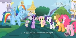 Size: 1585x795 | Tagged: safe, derpibooru import, screencap, applejack, fluttershy, pinkie pie, rainbow dash, rarity, spike, twilight sparkle, twilight sparkle (alicorn), alicorn, dragon, earth pony, pegasus, pony, unicorn, female, mare, meme, youtube caption